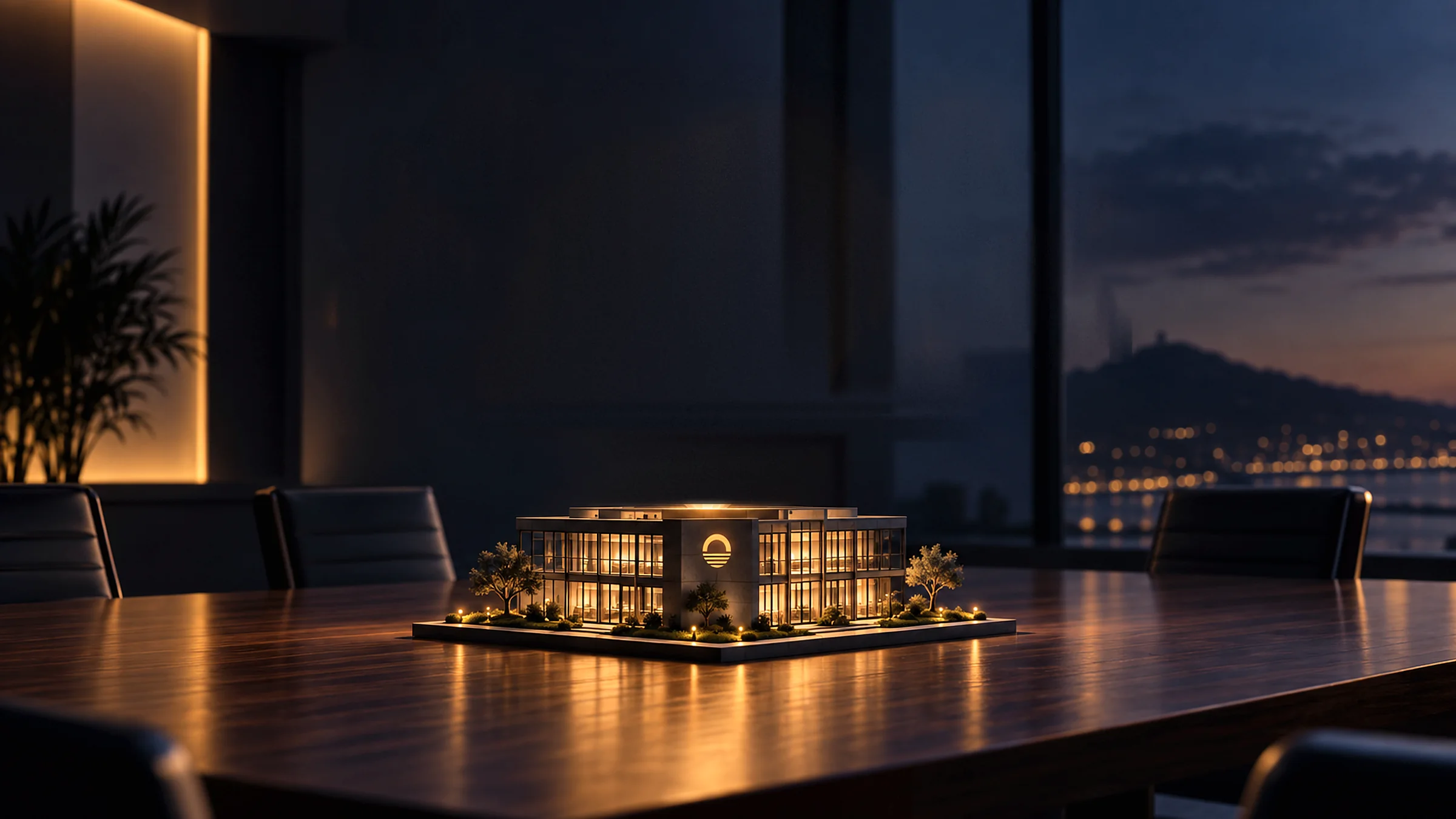Maquette d’un bâtiment posée sur une table de réunion, de nuit ; au-dessus, une projection lumineuse du Var entourée de nos six expertises